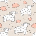 Seamless texture with funny sheep, lambs and hand drawn elements