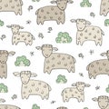 Seamless texture with funny sheep, lambs and hand drawn elements