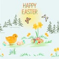 Seamless texture Happy easter spring landscape forest narcissus  and easter eggs  and Easter chicks butterflies in the grass with Royalty Free Stock Photo