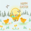 Seamless texture Happy easter spring landscape forest Easter  wicker  and easter eggs and Easter chicks butterfly in the grass Royalty Free Stock Photo