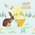 Seamless texture Happy easter spring landscape forest Easter  wicker  and easter eggs and hare and butterfly in the grass with Royalty Free Stock Photo