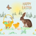 Seamless texture Happy easter spring landscape forest Easter  wicker  and easter eggs and hare easter chick and butterfly in the Royalty Free Stock Photo