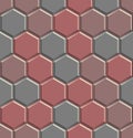 Seamless texture of hexagon concrete street tiles. 3D repeating pattern of red and gray honeycomb pavement stones