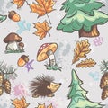 Seamless texture with the image of funny little animals, trees, fungi Royalty Free Stock Photo