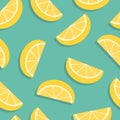 Seamless texture with lemons slices on vibrant turquoise color background