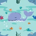 Seamless texture with little whale and shark are swim in  underwater. For fabric textile, nursery, baby clothes, background, Royalty Free Stock Photo