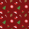 Seamless texture for the New Year. Christmas pattern. Winter holiday wallpaper. Santa Claus cap, tree, bag, gift, stick, bell and Royalty Free Stock Photo