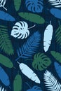 Seamless texture with palm leaves, monsters and banana leaves on a background of abstract strips. Vector illustration.