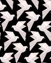 Seamless texture with paper white origami doves on a black background. Flying free birds. Vector 3d pattern Royalty Free Stock Photo