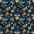 seamless texture pattern with beautiful flowers and festive carnival masquerade masks on a black background for carpet Royalty Free Stock Photo