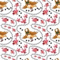 Seamless texture, pattern on a square background - birds and an owl