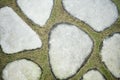 Stone.Seamless texture of a paving stone track on a green grass.