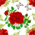 Seamless texture red hibiscus tropical flowers and red rose with jasmine and butterfly vintage vector editable illustration