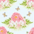 Seamless texture rose pink with orange center cherry blossom and jasmine with butterfly green background watercolor vintage vector