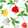 Seamless texture rosebuds red white yellow and pink roses twig with leaves festive background vintage vector illustration