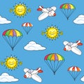 Seamless texture the sky with airplanes and parachutes