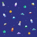 Seamless texture with space rocket, ufo, earth and moon. Vector Royalty Free Stock Photo