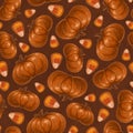 Seamless texture theme of halloween, elements of pumpkin and candy corn. Autumn wallpaper illustration on brown background Royalty Free Stock Photo