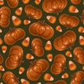 Seamless texture theme of halloween, elements of pumpkin and candy corn. Autumn wallpaper illustration on green background Royalty Free Stock Photo