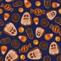 Seamless texture theme of halloween, includes elements of ghost cookie, candy corn, sweets and licorice candies. Autumn wallpaper