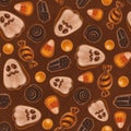 Seamless texture theme of halloween, includes elements of ghost cookie, candy corn, sweets and licorice candies. Autumn wallpaper