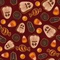 Seamless texture theme of halloween, includes elements of ghost cookie, candy corn, sweets and licorice candies. Autumn wallpaper