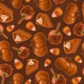 Seamless texture on the theme of halloween, includes elements of pumpkin, pie, caramel apple, candy corn. Autumn wallpaper Royalty Free Stock Photo