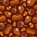 Seamless texture on the theme of halloween, includes elements of pumpkin, pie, caramel apple, candy corn. Autumn wallpaper