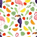 Seamless texture with tropical bird toucan, flamingos, leaves, berries and fruits. Pattern vector illustration. Royalty Free Stock Photo