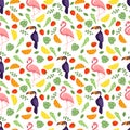 Seamless texture with tropical bird toucan, flamingos, leaves, berries and fruits. Pattern vector illustration. Royalty Free Stock Photo