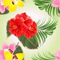 Seamless texture tropical flowers  floral arrangement, with pink hibiscus orchids cymbidium palm ficus  on a green background Royalty Free Stock Photo