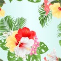 Seamless texture tropical Hibiscus white  yellow red and orchids Cymbidium  pink  flowers and Monstera and palm  watercolor on a Royalty Free Stock Photo