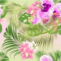 Seamless texture Tropical Orchids Cymbidium pink and Phalaenopsis purple and white flowers and Monstera and palm watercolor
