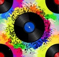 Seamless texture with a vinyl record, music notes Royalty Free Stock Photo