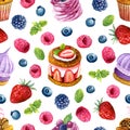 Seamless texture of watercolor desserts and berries. Bright print with food elements