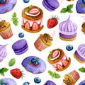 Seamless texture of watercolor desserts. Bright print with food elements