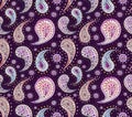 Seamless Texture With Watercolor Light Pink and Blue Paisley on Deep Purple Background