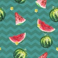 Seamless texture with watercolor watermelon slices on a green zigzag background