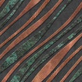 Seamless texture with waves pattern on a black grunge background, copper and bronze color, 3d illustration Royalty Free Stock Photo