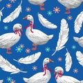 Seamless texture with white geese and goose feathers