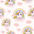 Seamless textured pattern with square unicorns on a cloud with a rainbow. Royalty Free Stock Photo