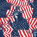 Seamless 4th of July statue of liberty pattern in traditional red, white and blue colors. Modern usa stylish print for