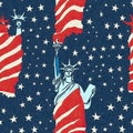 Seamless 4th of July statue of liberty pattern in traditional red, white and blue colors. Modern usa stylish print for