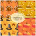 Seamless Thanksgiving day pattern with pumpkins, hats and leaves