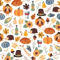 Seamless Thanksgiving day vector pattern with pumpkins, hats, sunflowers, turkey, hedgehog, wine bottle, and leaves