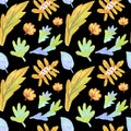 Seamless Thanksgiving pattern painted with wax crayons on an isolated black background.Autum, textural oil pastel