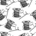 Seamless thread pattern with needlepoint, hand-drawn doodle elements in sketch style. Monochrome black and white palette