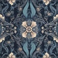 A seamless tile pattern, symetrical, minimalist floral design, flat 2d, blue muted color and pastel hues