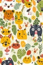 Seamless tile repeat pattern of jungle animals, big cute kawaii eyes, big smile, leaves, flowers, kawaii style characters