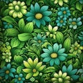 Seamless tileable pattern with flowers and green